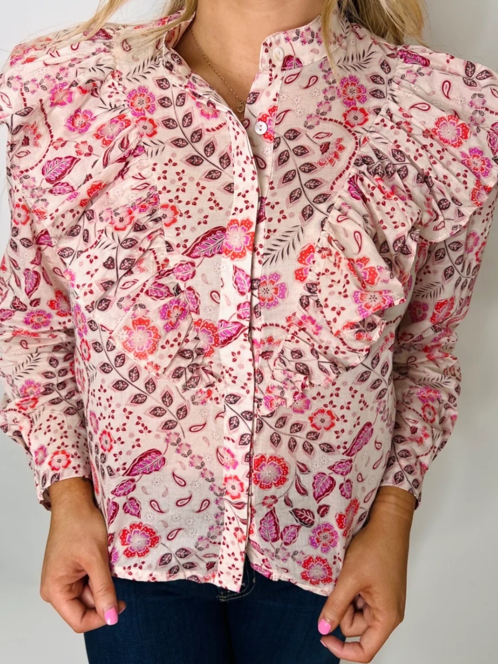 Karlie Floral Fields ruffle button top size small